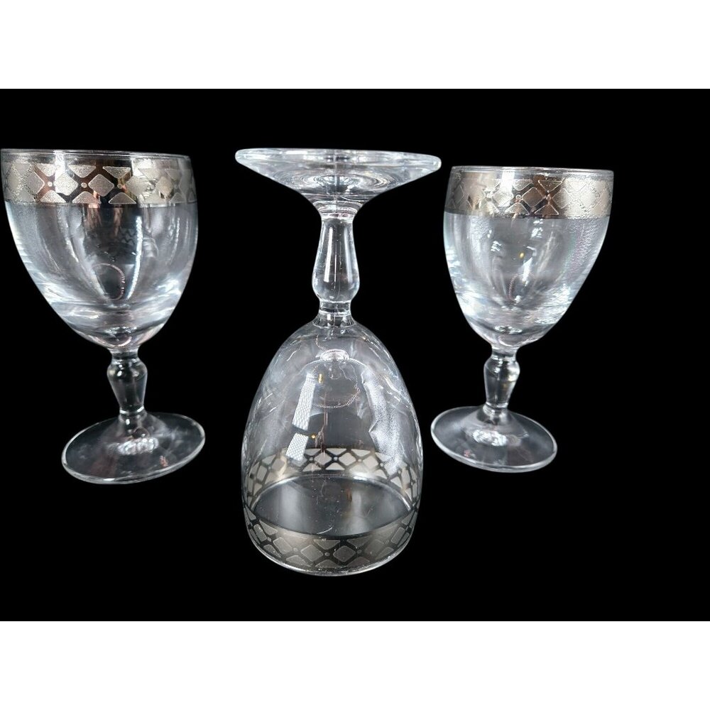 Lavorato A Mano Italy Vintage Clear Wine Goblets Silver Gilt Rim Stemware - Picture 2 of 5